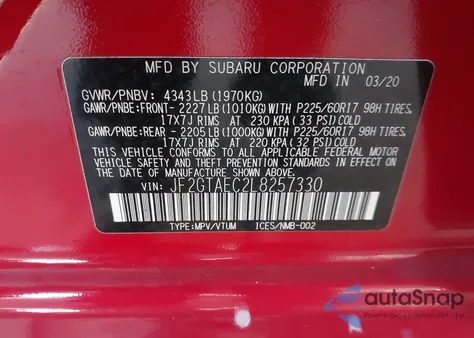 2020 Subaru Crosstrek Premium z USA, uszkodzony, nr VIN JF2GTAEC2L8257330